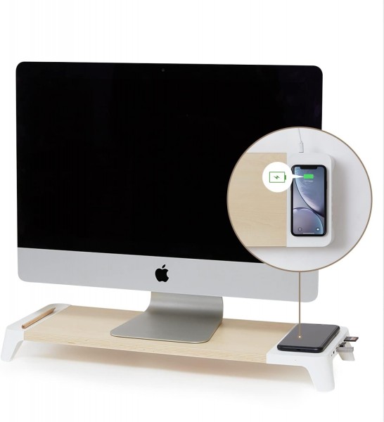 Pout 3-in-1 wooden monitor stand hub with fast wireless charging pad EYES 8