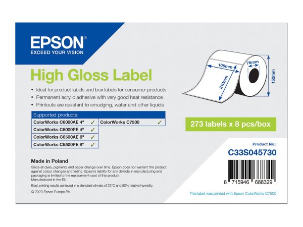 Epson High Gloss Label - Die-Cut: 105mm x 210mm - 273 labels - Bianco - Etichetta per stampante auto