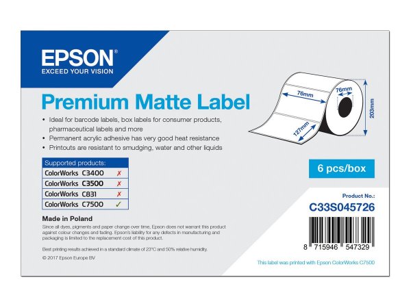 Epson Premium Matte Label - Die-cut Roll: 76mm x 127mm - 960 labels - Bianco - Opaco - Ad inchiostro