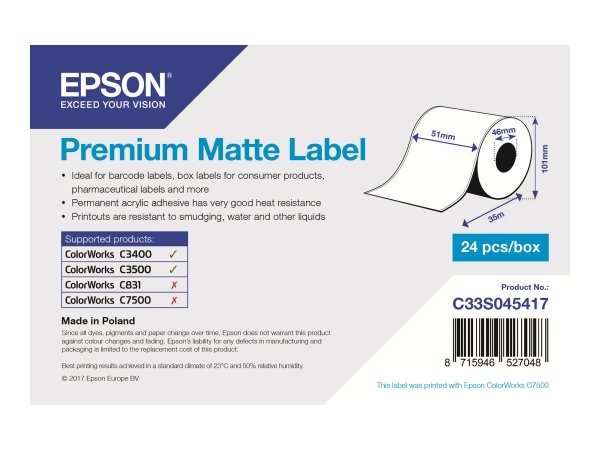 Epson Premium Matte Label - Continuous Roll: 51mm x 35m - Opaco - 163 g/m² - 1 pz - 118 mm - 108 mm