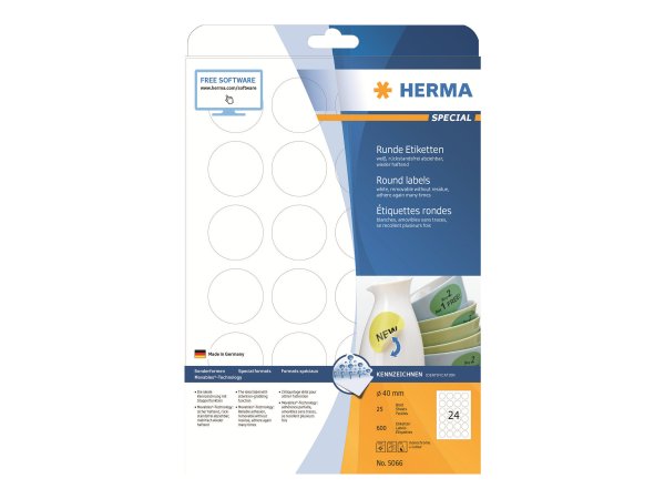 HERMA 5066 - Bianco - Etichetta per stampante autoadesiva - A4 - Carta - Laser/Inkjet - Rimovibile