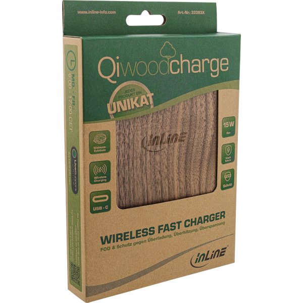 InLine Qi woodcharge - caricabatterie rapido wireless - 5/7,5/10W/15W - USB-C