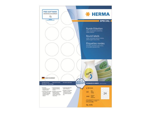 HERMA 4476 - Bianco - Etichetta per stampante autoadesiva - A4 - Carta - Laser/Inkjet - Rimovibile