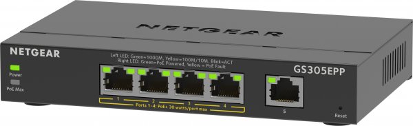 Netgear 5-Port Gigabit Ethernet High-Power PoE+ Plus Switch (GS305EPP) - Gestito - L2/L3 - Gigabit E