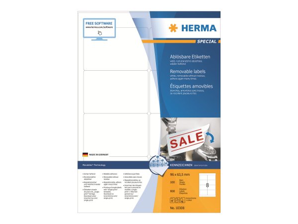 HERMA 10308 - Bianco - Rettangolo con angoli arrotondati - Rimovibile - Carta - Opaco - Laser/Inkjet