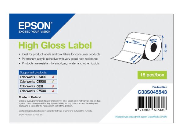 Epson High Gloss Label - Die-cut Roll: 76mm x 127mm - 250 labels - Lucida - Epson ColorWorks C7500G