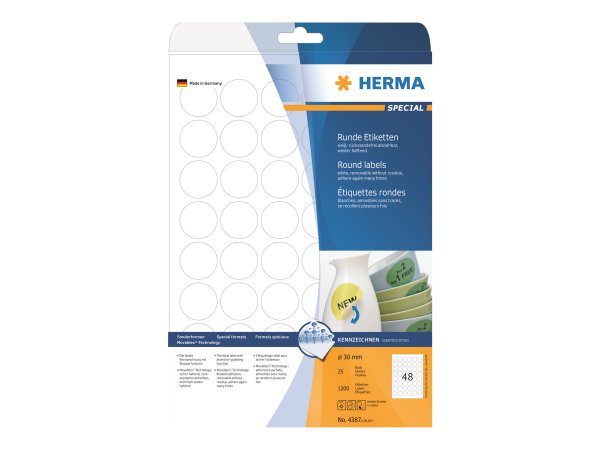 HERMA 4387 - Bianco - Etichetta per stampante autoadesiva - A4 - Carta - Laser/Inkjet - Rimovibile