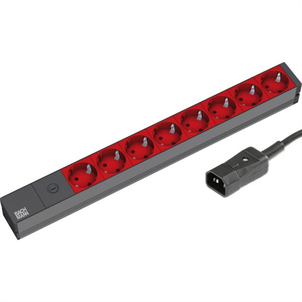 Bachmann 19'' 2m 8x Schuko H05VV-F 3G 1.00mm² - 2 m - 8 presa(e) AC - Alluminio - Nero - Rosso - 10