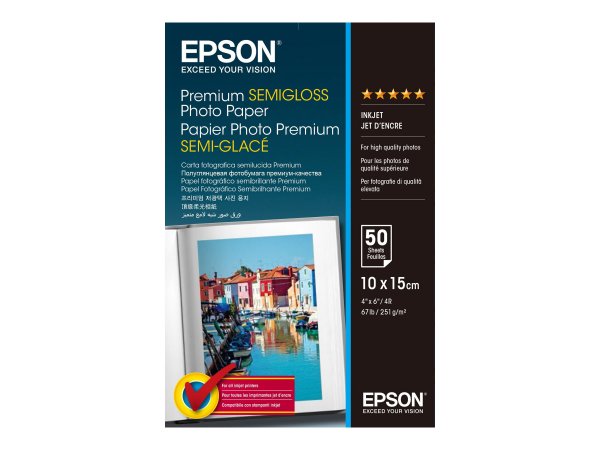 Epson Premium Semi-Gloss Photo Paper - 10x15cm - 50 Fogli - Semi lucida - 251 g/m² - Bianco - 50 fog