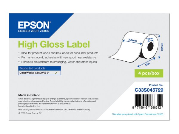 Epson High Gloss Label - Continuous Roll: 203mm x 58m - Bianco - Etichetta continua - Ad inchiostro