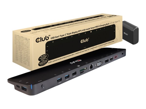 Club 3D USB Gen1 Type-C Triple Display DP1.4 Alt mode Smart PD3.0 Charging Dock with 100 Watt Power