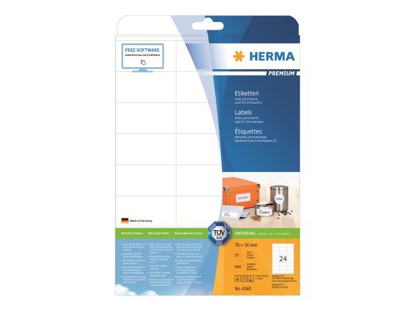 HERMA 4360 - Bianco - Etichetta per stampante autoadesiva - A4 - Carta - Laser/Inkjet - Permanente