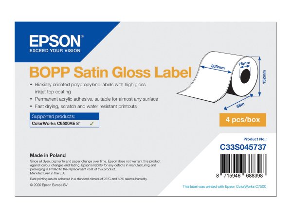 Epson C33S045737 - Polipropilene (PP) - Ad inchiostro - Acrilico - Permanente - Lucida - Epson Color