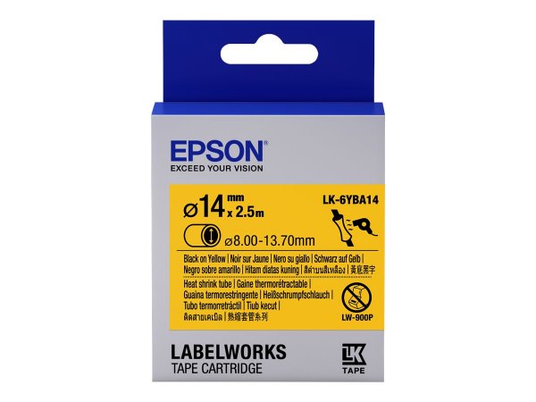 Epson Guaina Termorestringente Gialla per testo Nero - Heat Srink Tube D14mm/2,5 LK-6YBA14 - Nero su