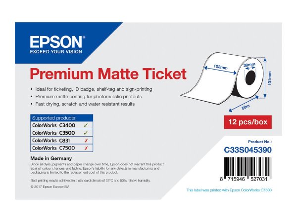 Epson Premium Matte Ticket - Roll: 102mm x 50m - Opaco - 107 g/m² - 1 pz - 114 mm - 104 mm - 120 mm